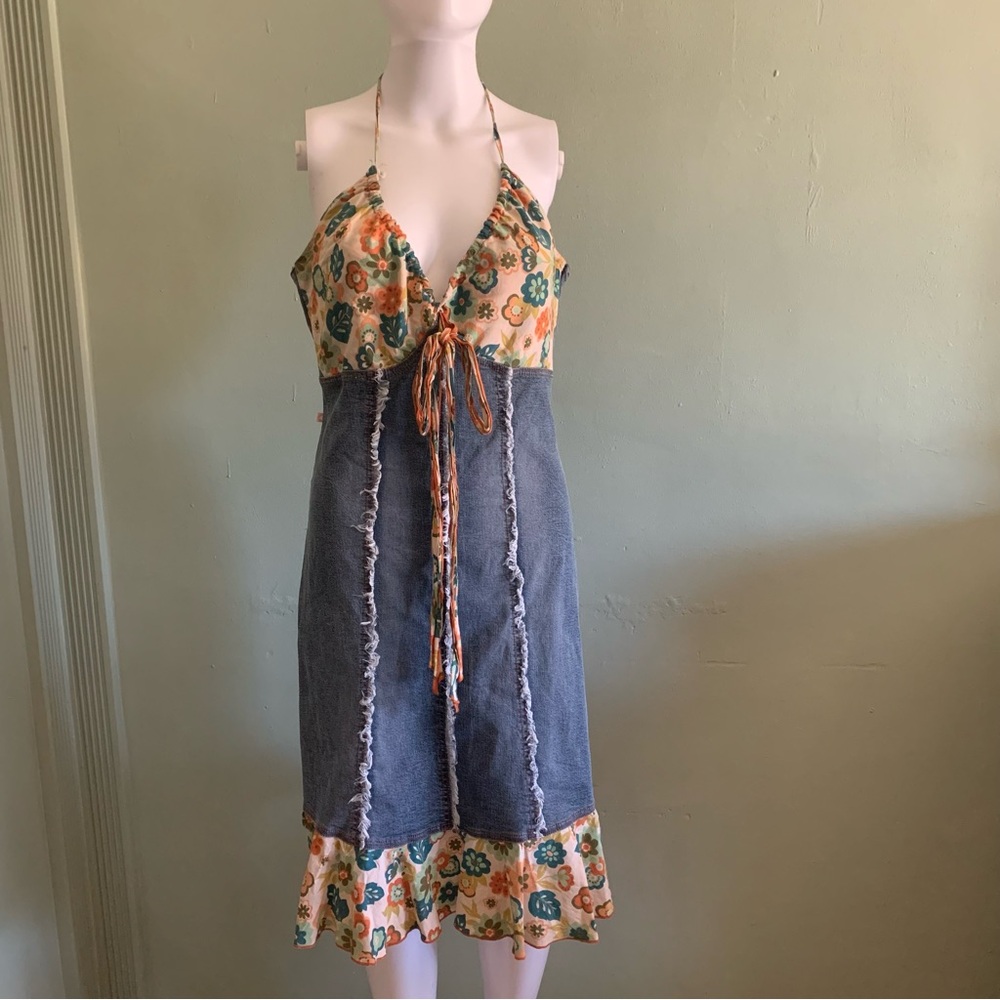 Morgan De Toi Denim Halter Dress Womens Medium Blue Floral Y2K Excellent Boho